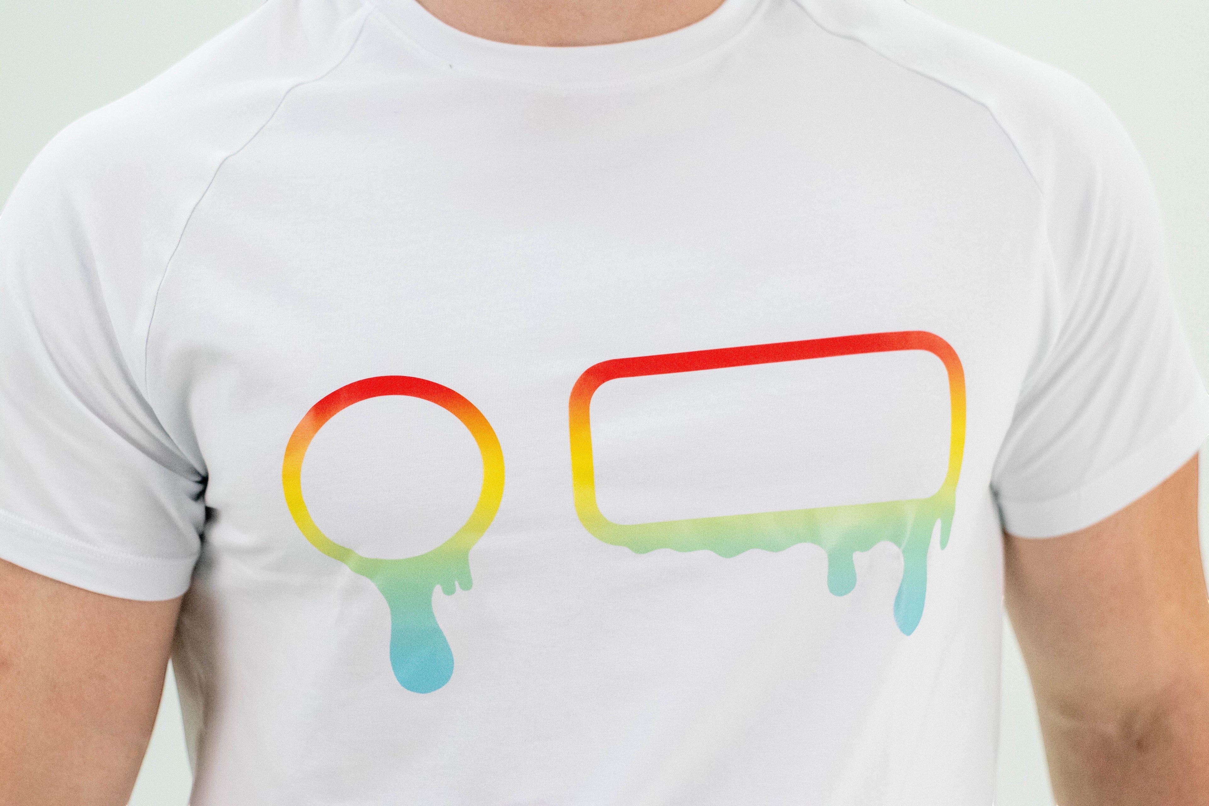 Robfrank.com FLUX SPORT SHIRT in white with a colorful rainbow gradient circle and rectangle drip graphic print.