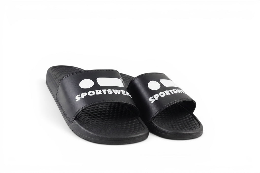 Robfrank.com black sports slides with white logo on the strap, featuring a comfortable textured footbed.
