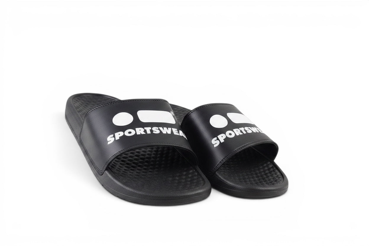 Robfrank.com black sports slides with white logo on the strap, featuring a comfortable textured footbed.