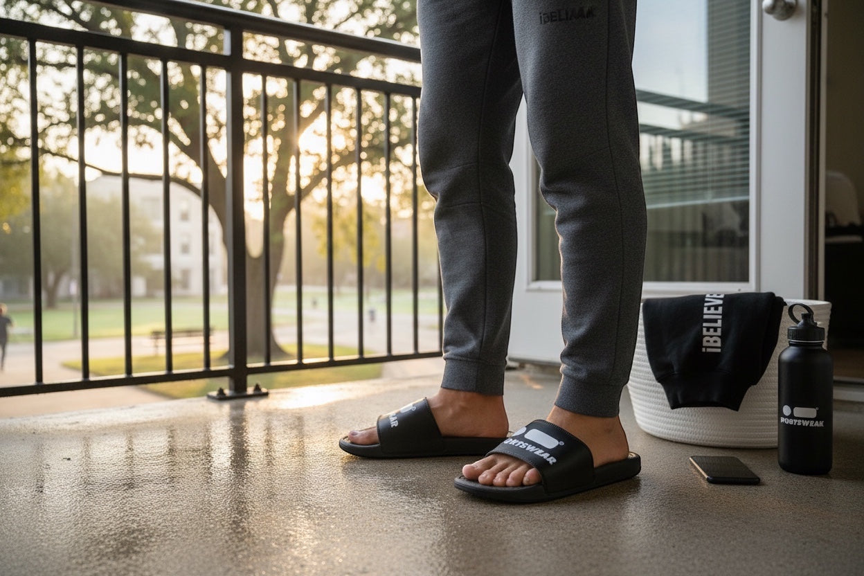 Robfrank.com black sports slides with white logo on strap, worn by a person in grey joggers on a balcony at sunset.