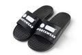 Robfrank.com black sports slides with white logo on the strap, featuring a textured footbed for beach or pool use.