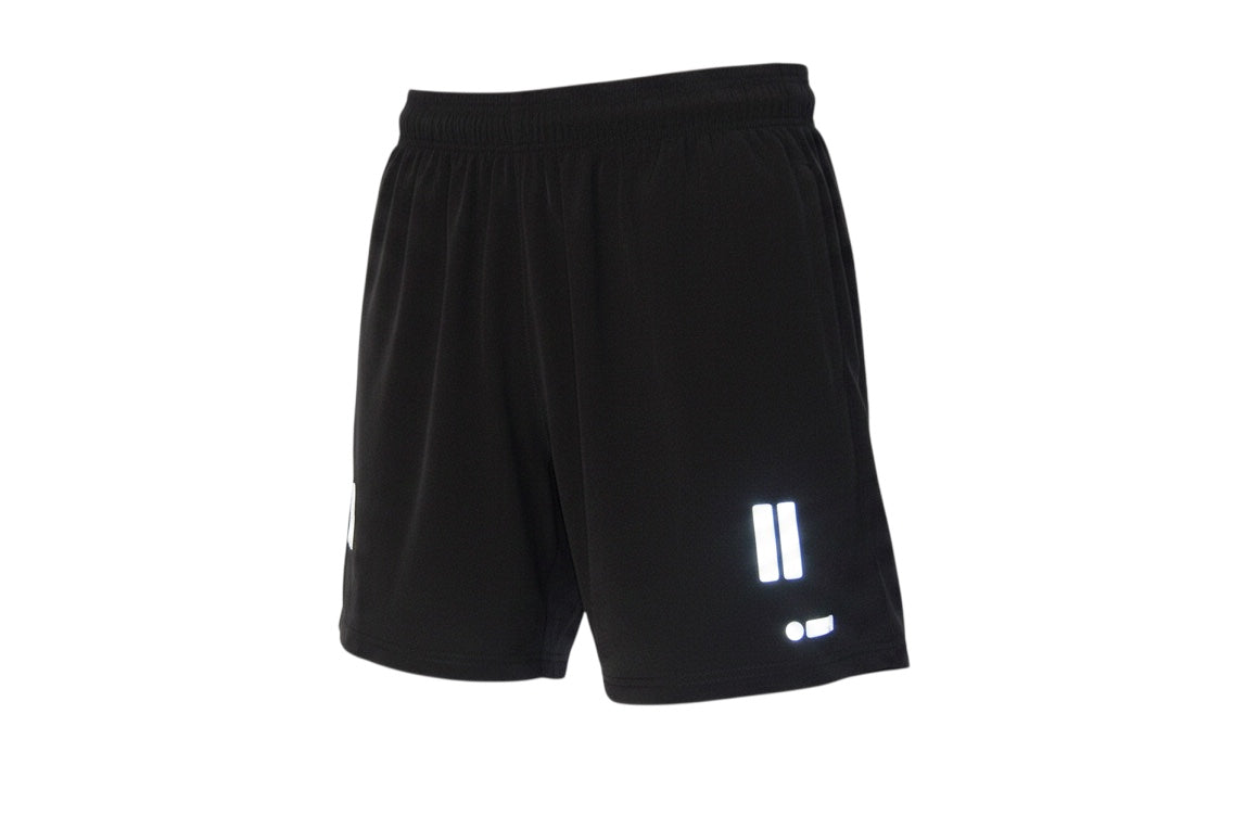 Robfrank.com black FLUX athletic shorts with moisture-wicking fabric and reflective logo detailing.
