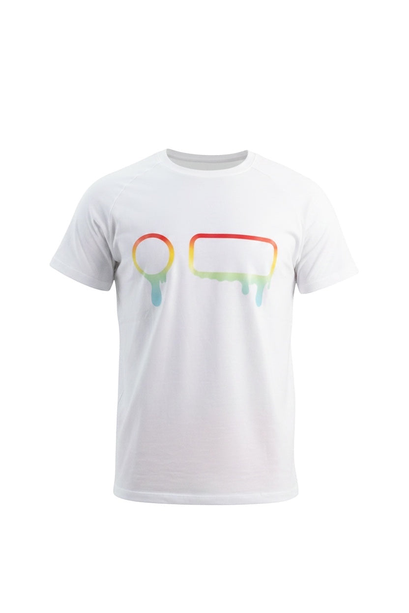 Robfrank.com FLUX SPORT SHIRT in white with a colorful rainbow gradient drip graphic on the chest.