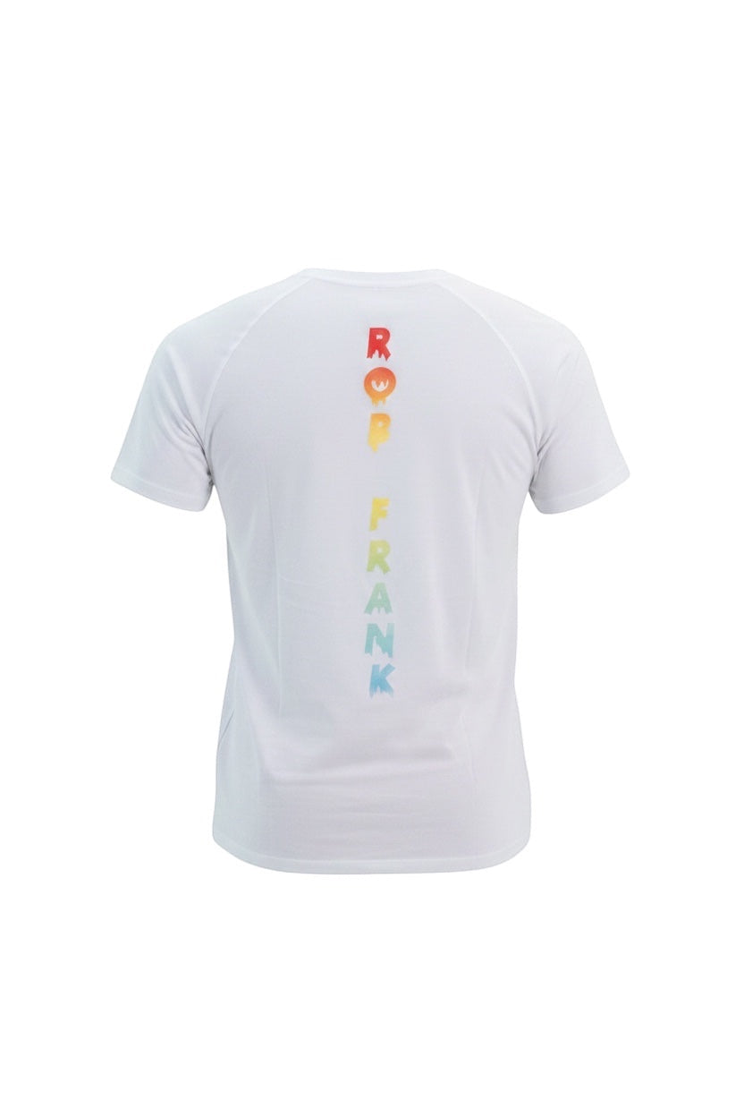 Back view of white Robfrank.com FLUX SPORT SHIRT with vertical rainbow gradient logo on breathable athletic fabric.