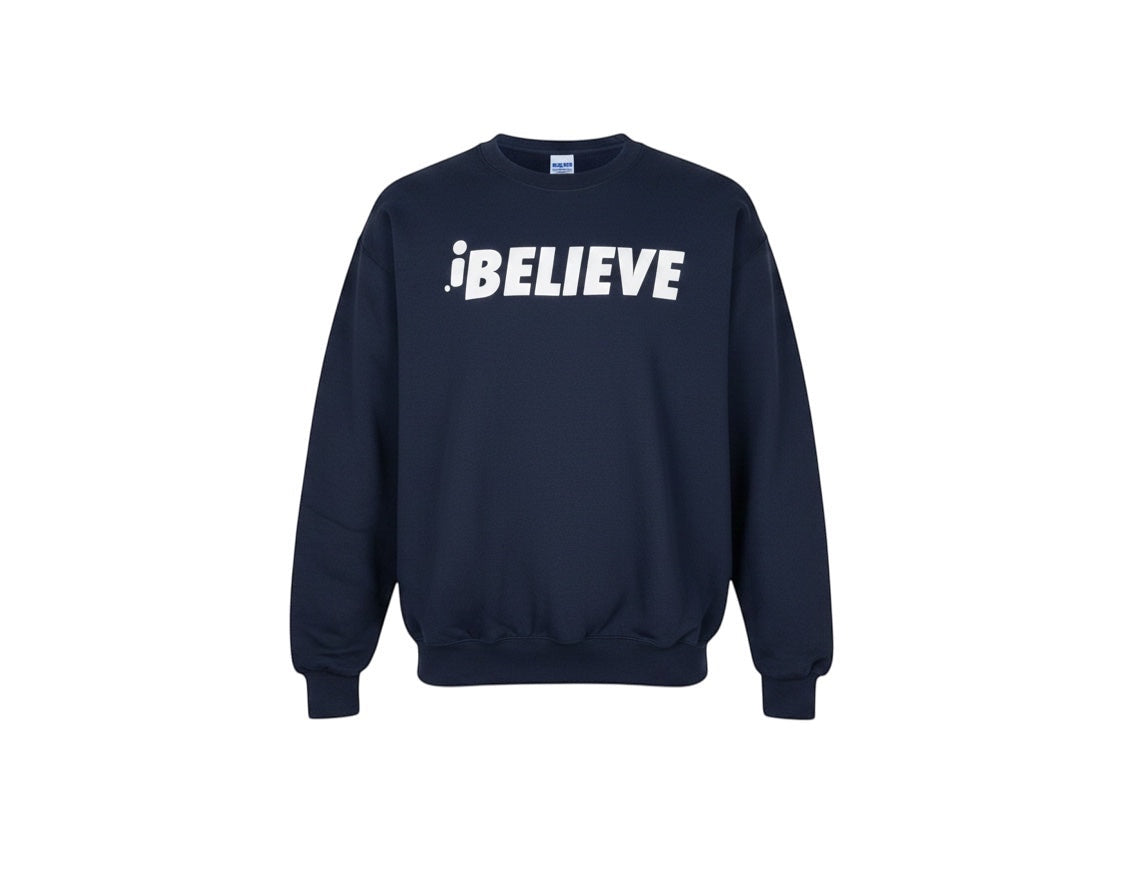 Robfrank.com navy blue heavyweight 100% cotton sweatshirt featuring the white iBelieve logo on the chest.