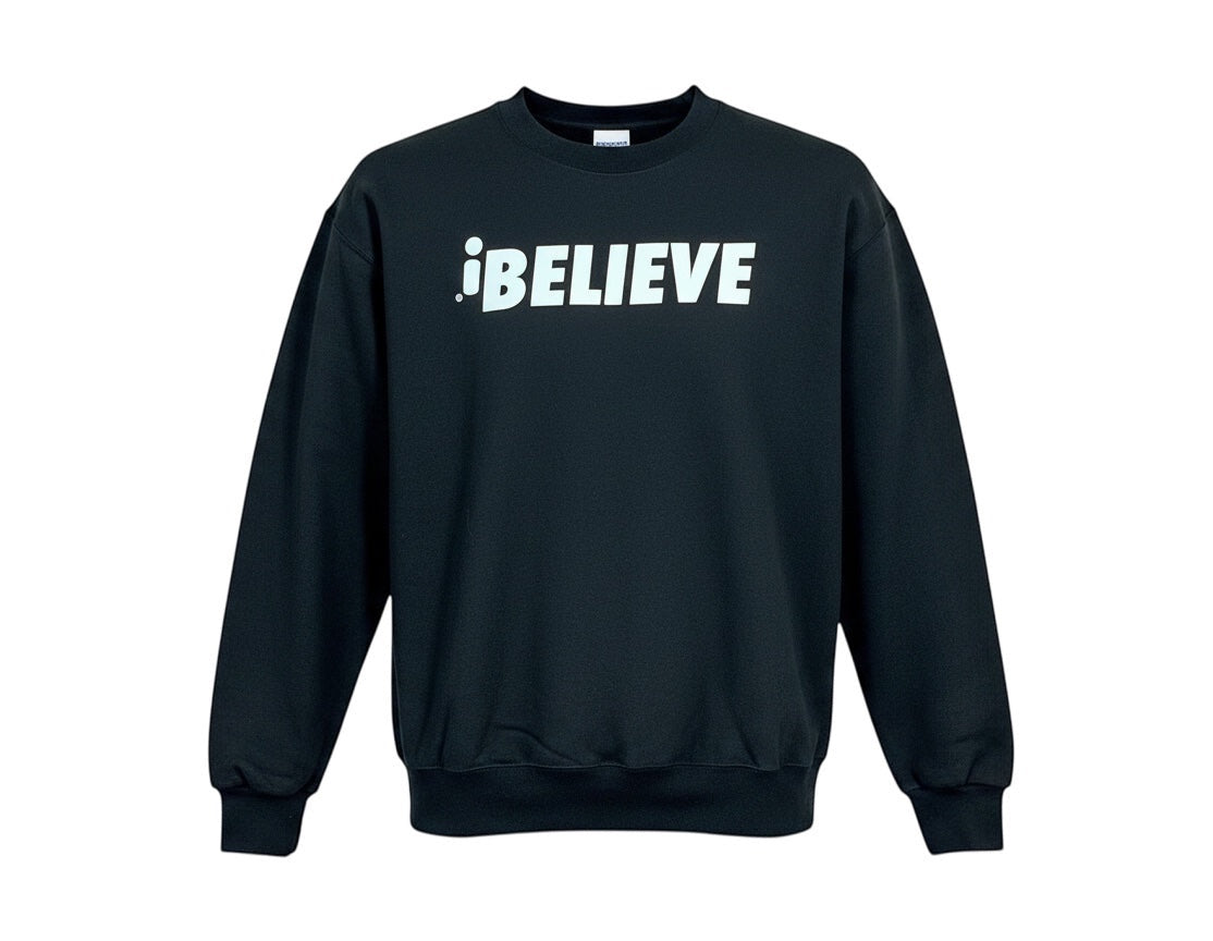 Robfrank.com black heavyweight 100% cotton sweatshirt with white iBelieve logo on the chest.