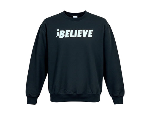 Robfrank.com black heavyweight 100% cotton sweatshirt with white iBelieve logo on the chest.