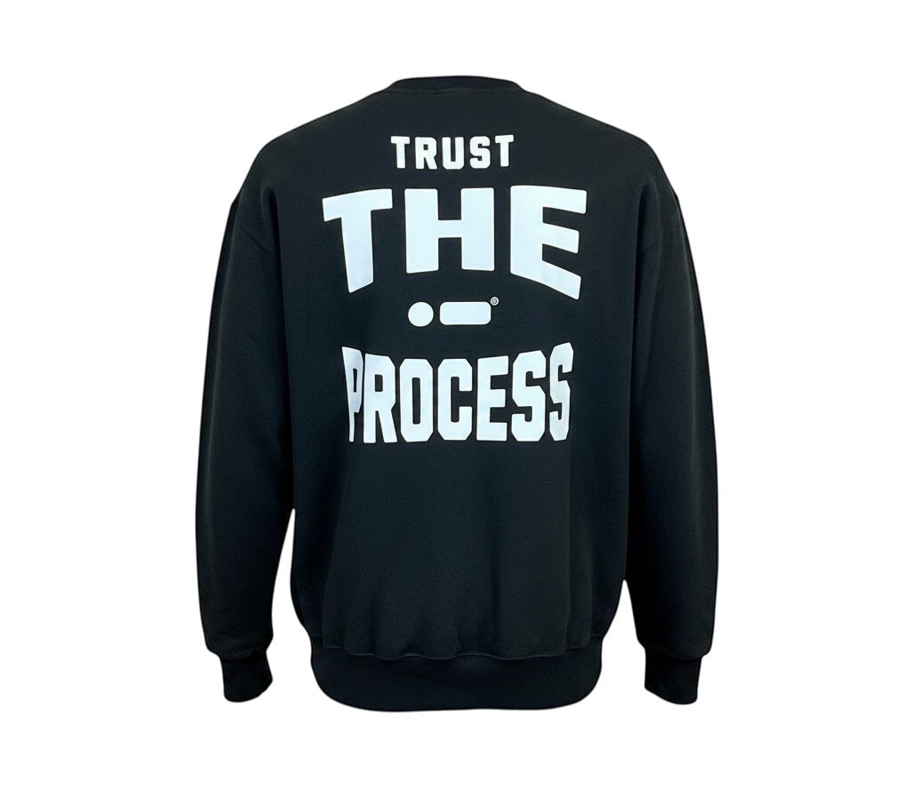 Back view of Robfrank.com black 100% cotton heavyweight sweatshirt with white Trust The Process graphic print.