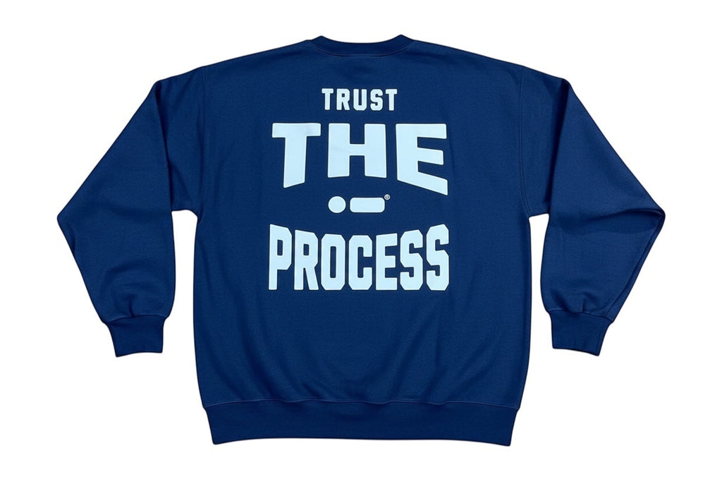 Robfrank.com navy blue heavyweight 100% cotton sweatshirt with Trust the Process graphic print on the back.