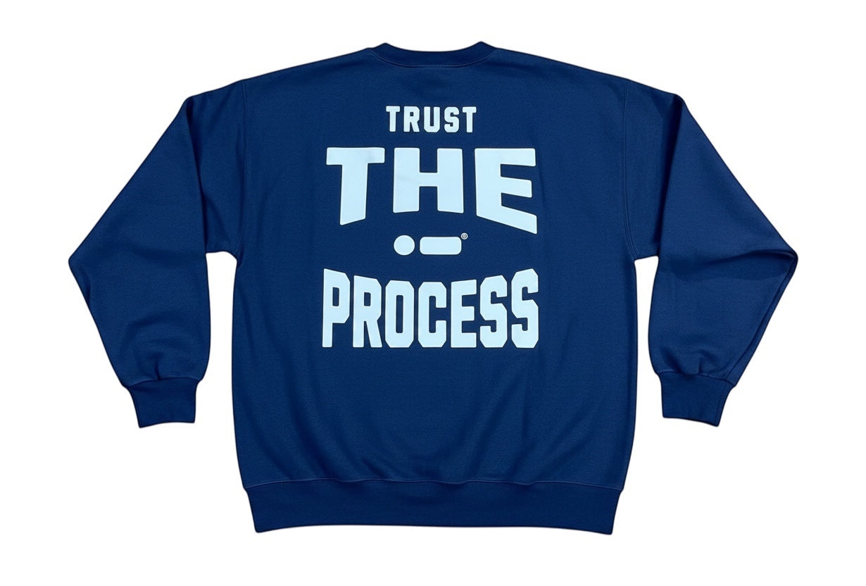 Robfrank.com navy blue heavyweight 100% cotton sweatshirt with Trust the Process graphic print on the back.