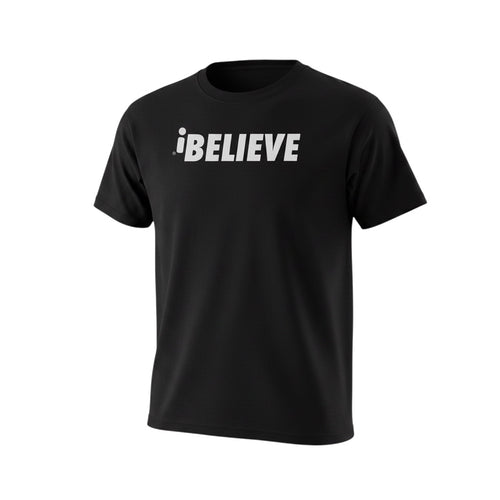 Robfrank.com black heavyweight cotton blend t-shirt with white iBELIEVE graphic text on the chest.