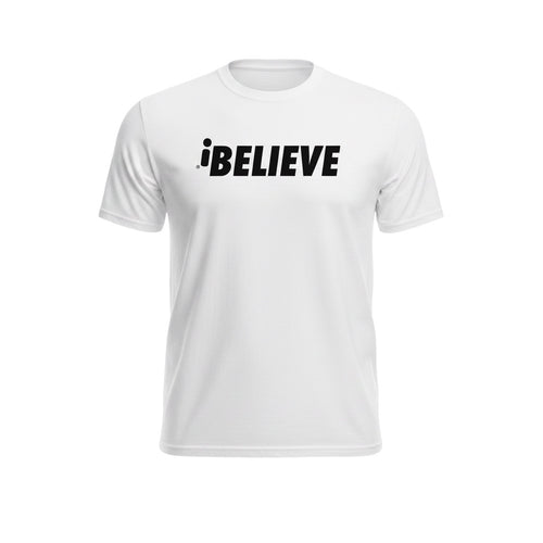 Robfrank.com white heavyweight cotton blend t-shirt with black iBELIEVE graphic text on the chest.