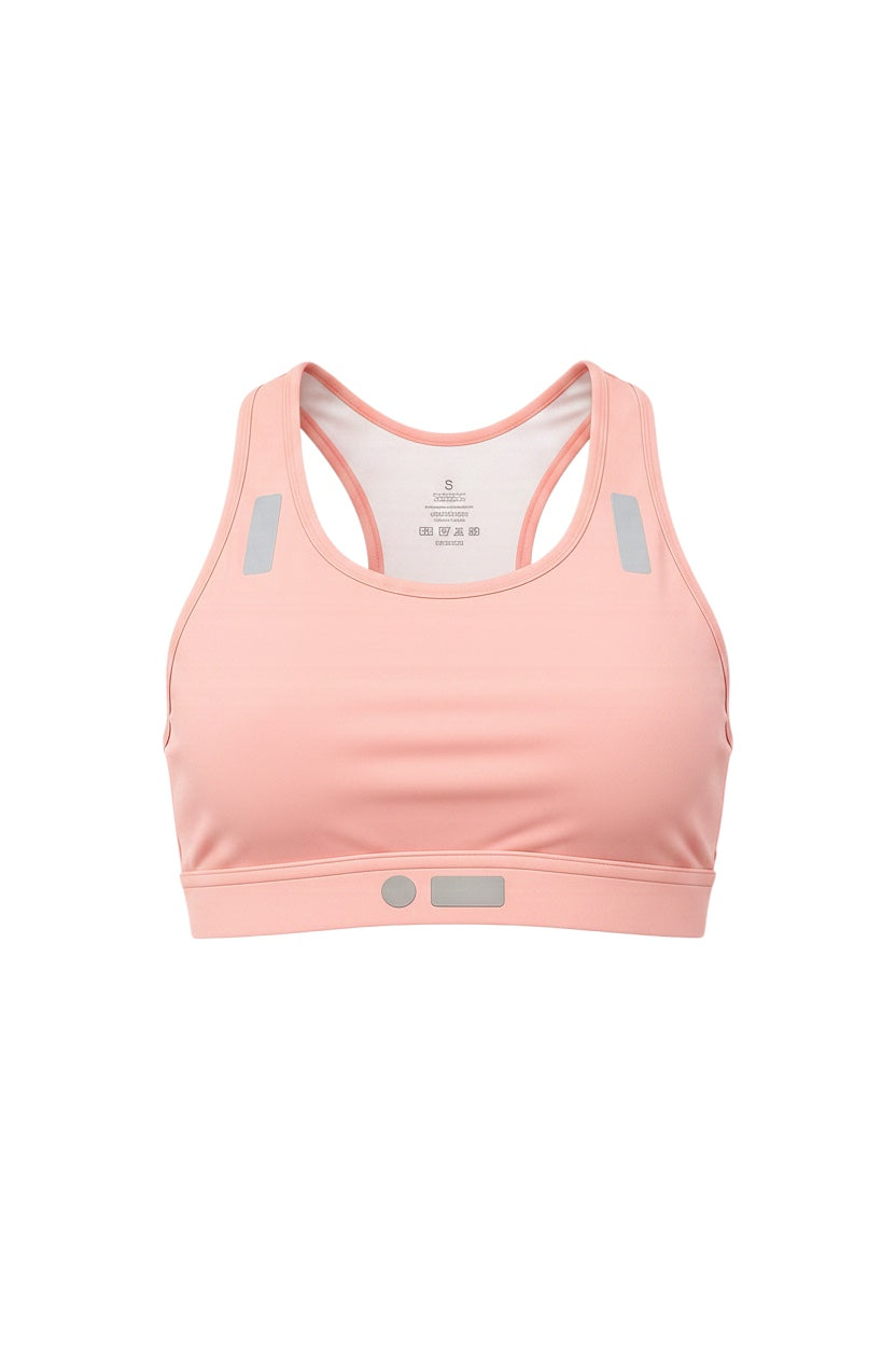 Robfrank.com peach racerback sports bra with reflective detailing, moisture-wicking fabric, and supportive underband.