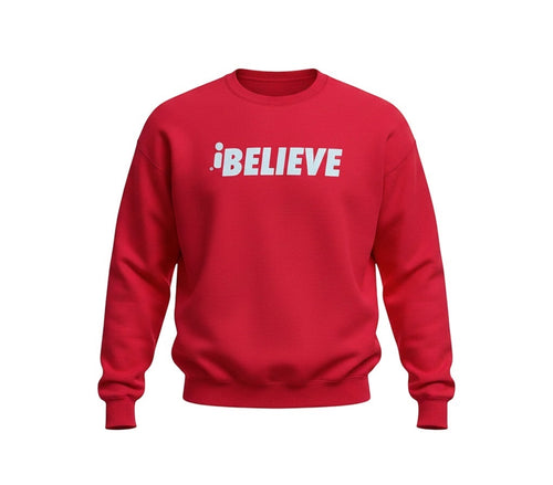Robfrank.com red heavyweight 100% cotton sweatshirt with white iBelieve logo on the chest.