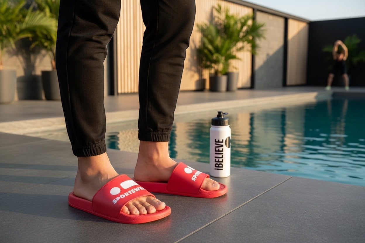 Robfrank.com red sports slides with white logo on strap, worn by a person poolside with a water bottle.