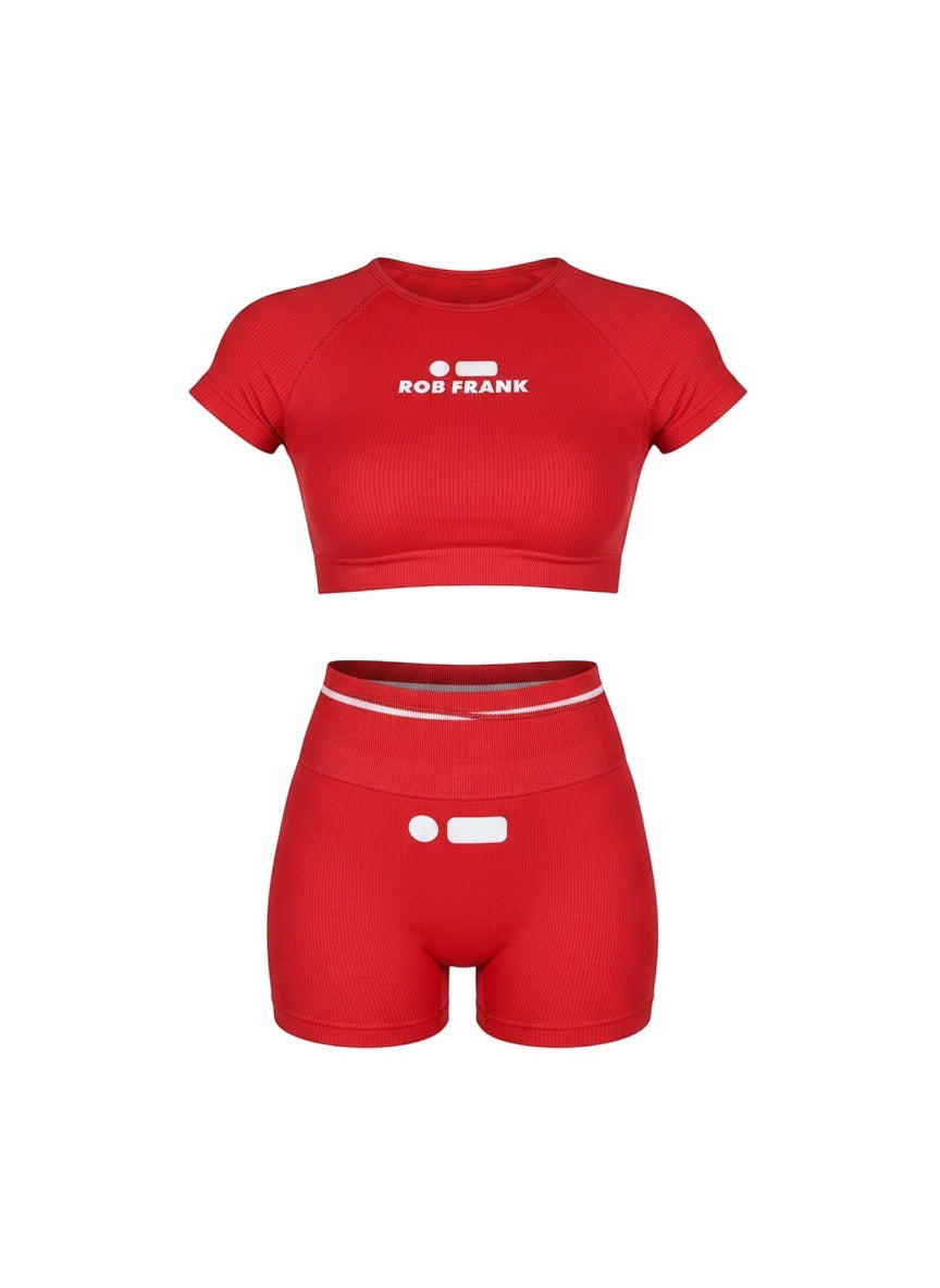 Robfrank.com red seamless ribbed crop top and high-waisted shorts workout set with white logo branding.
