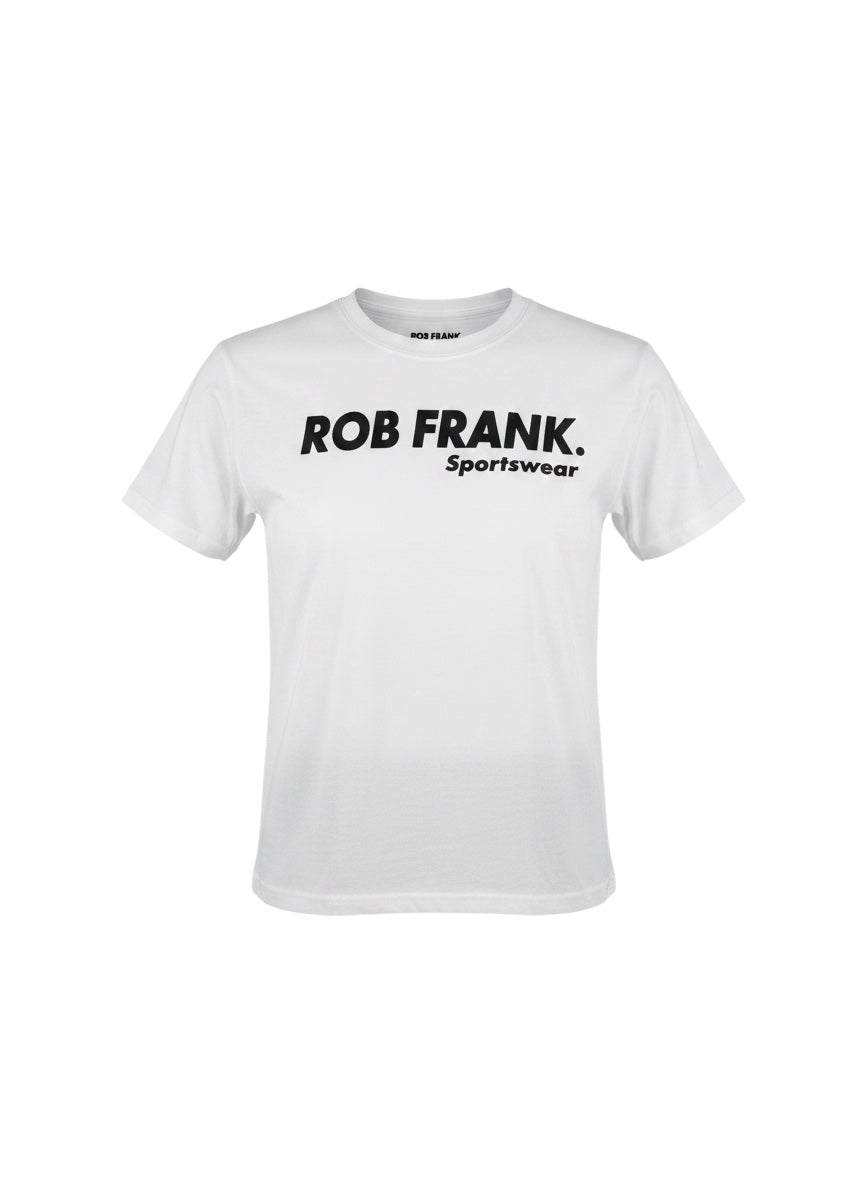 White Robfrank.com crew neck t-shirt with black logo graphic on the chest.