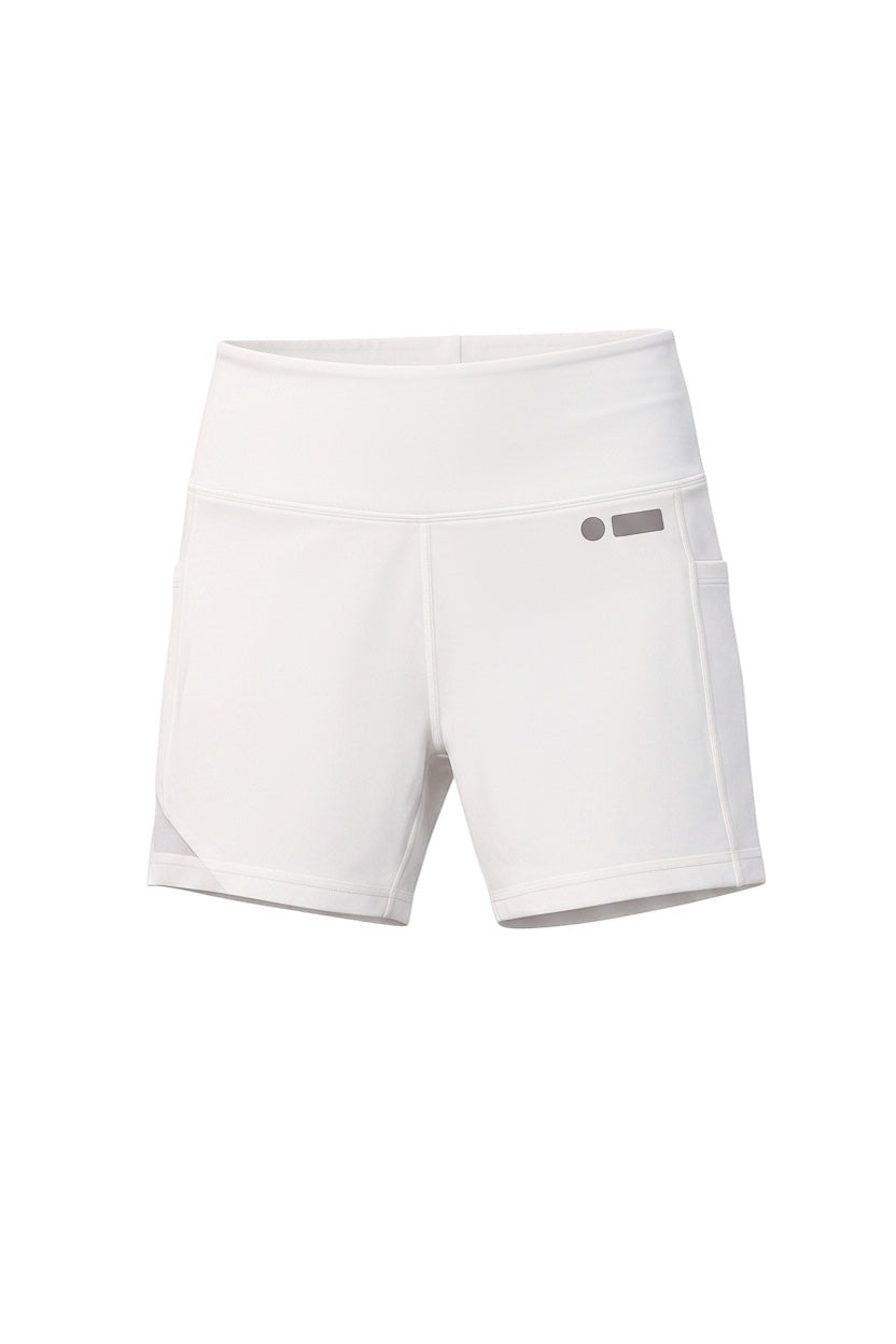 Robfrank.com white moisture-wicking RF sports shorts with high waistband and side pockets for athletic performance.