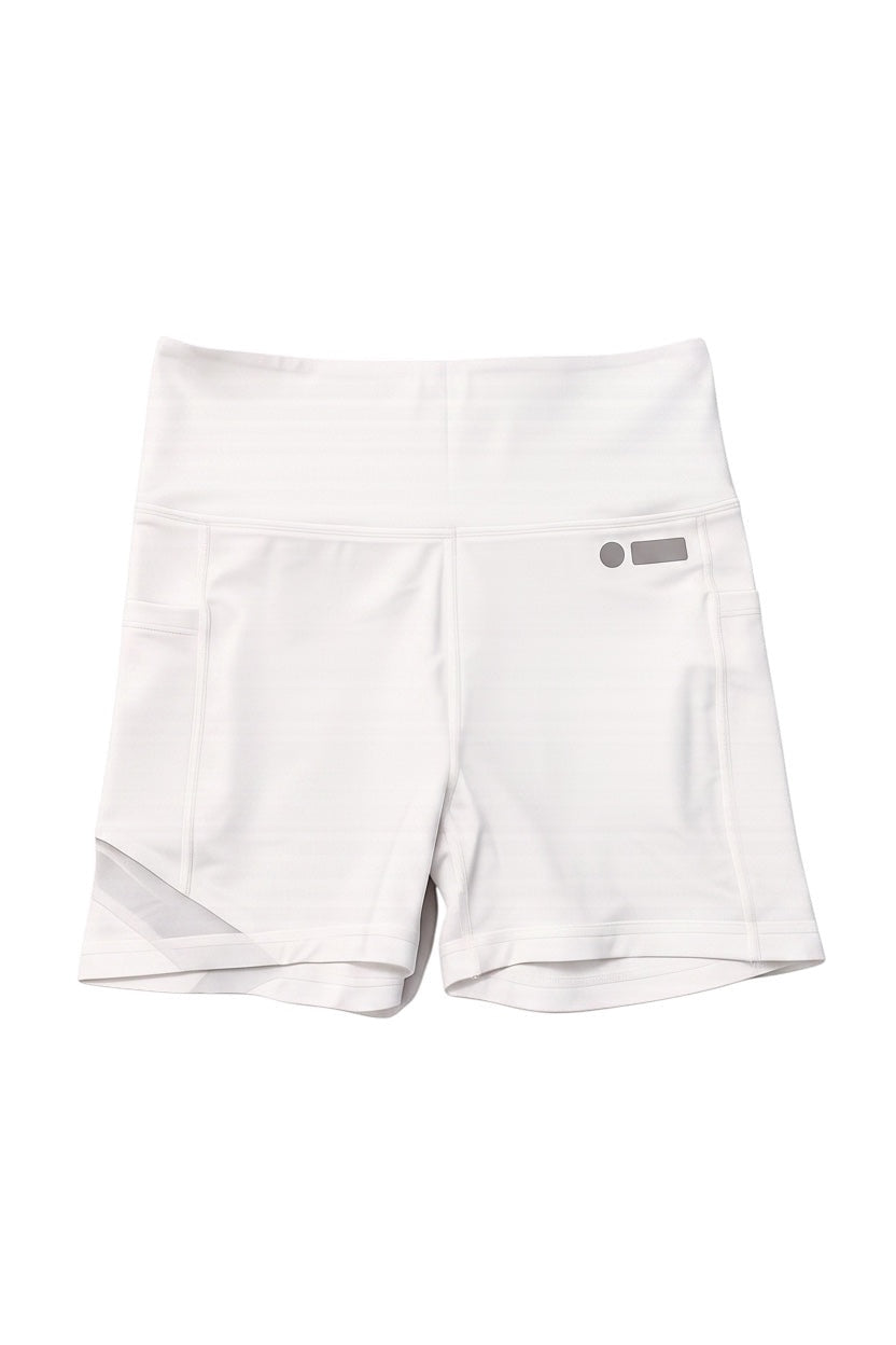 Robfrank.com white moisture-wicking women's sports shorts with high waistband, side pockets, and mesh detail.