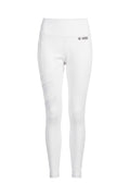Robfrank.com white moisture-wicking RF sports leggings with high waistband, side pockets, and mesh panel detailing.