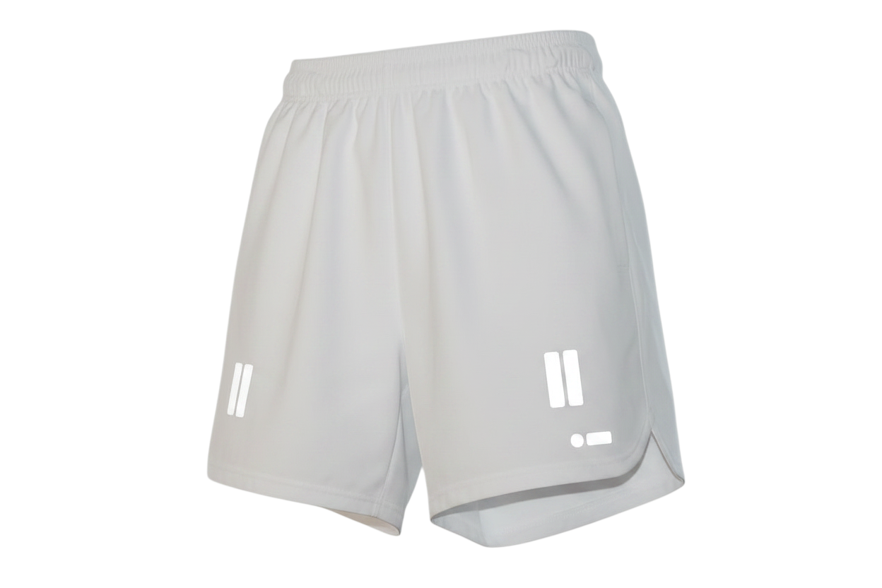 Robfrank.com white athletic shorts with moisture-wicking fabric and reflective logo detail.