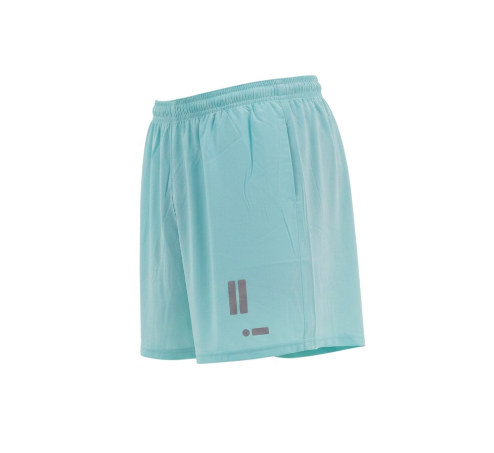 Robfrank.com blue FLUX SHORTS with moisture-wicking fabric, elastic waistband, and minimalist reflective logo detail.