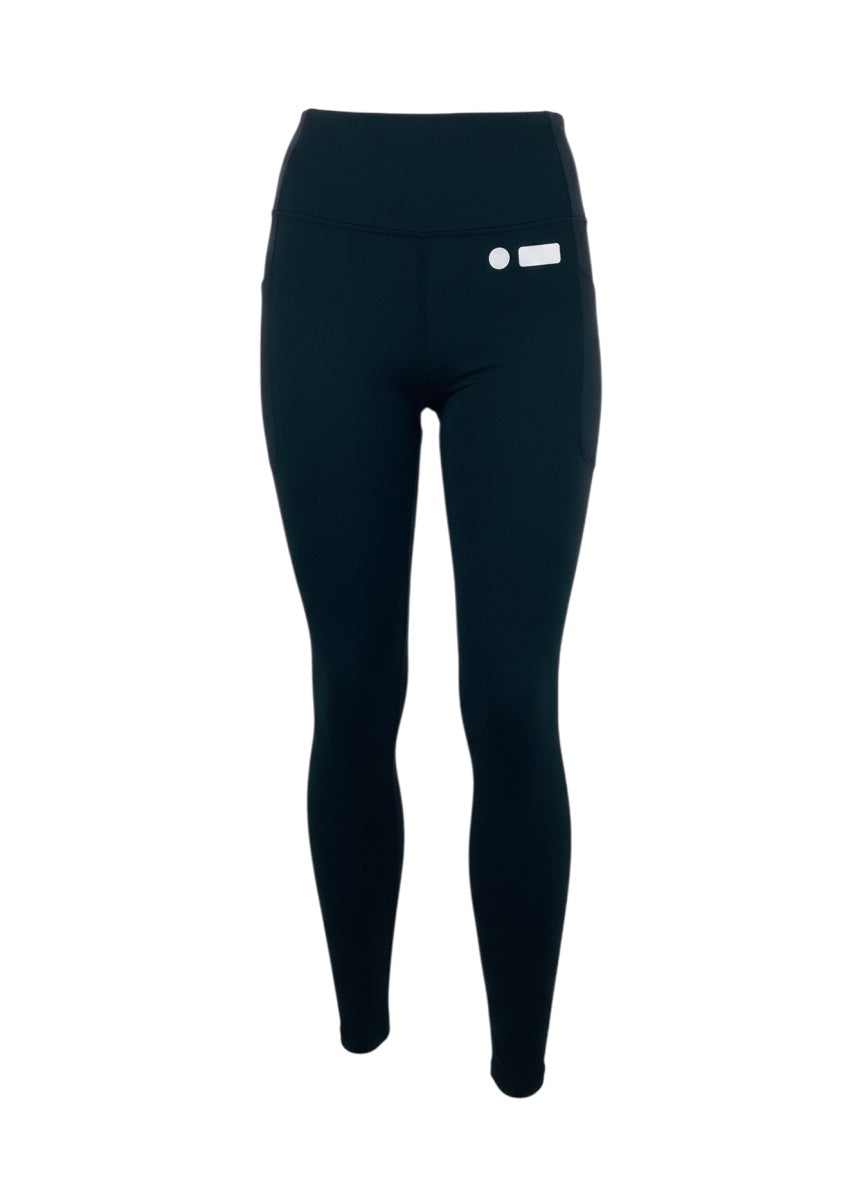 Robfrank.com black high-waisted athletic leggings with white logo detail and side pockets for workout wear.
