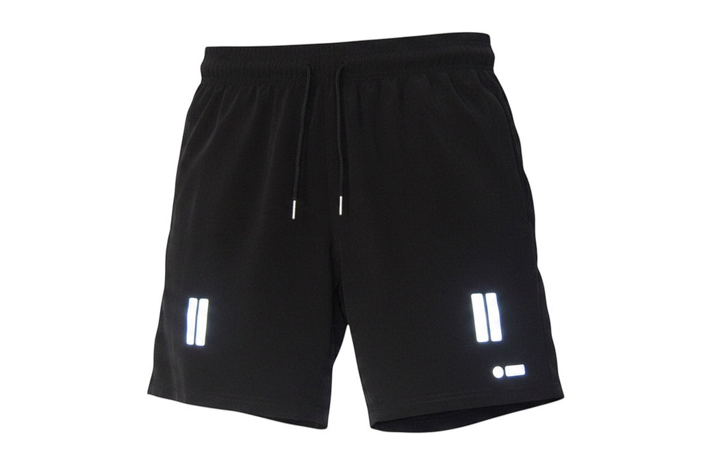 Robfrank.com black athletic shorts with reflective double stripe detail and drawstring waist. Moisture-wicking fabric.