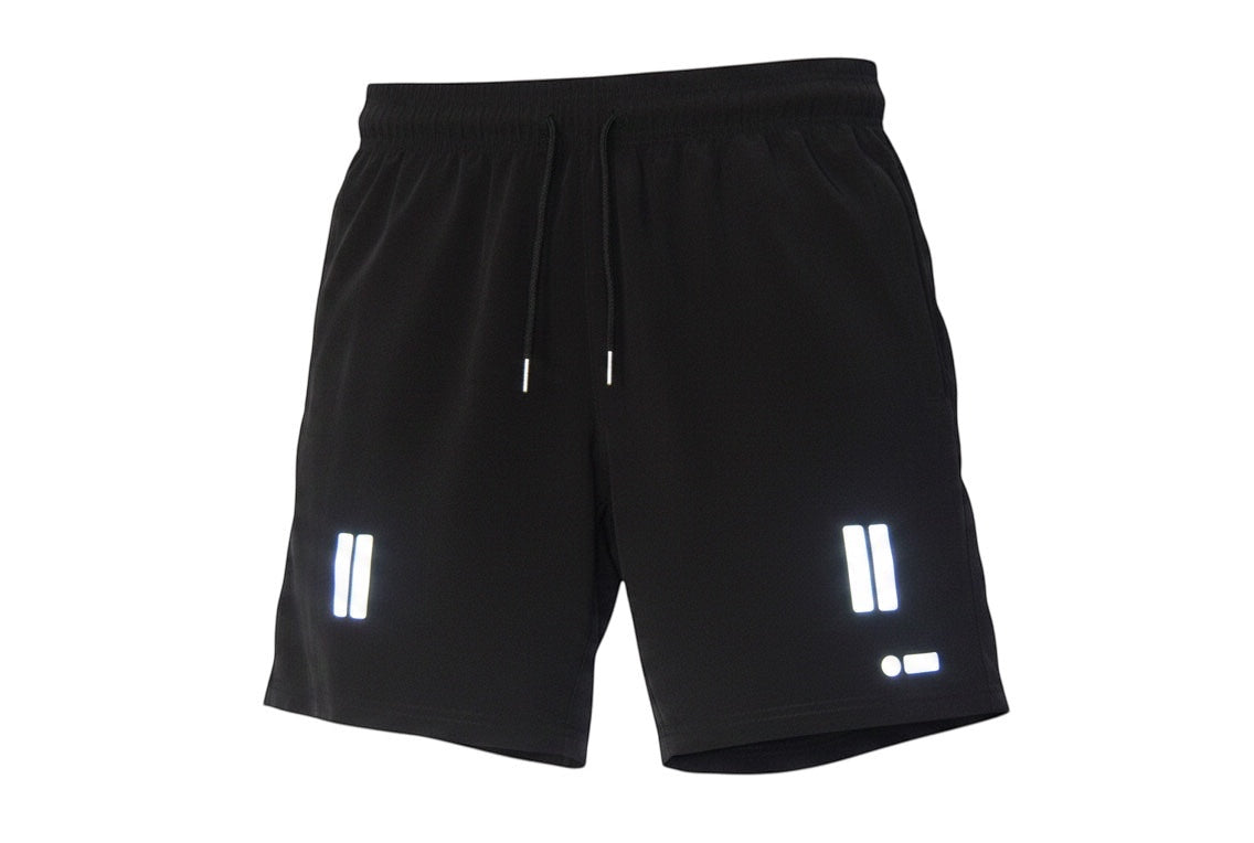 Robfrank.com black athletic shorts with reflective double stripe detail and drawstring waist. Moisture-wicking fabric.