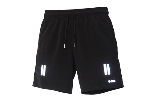 Robfrank.com black athletic shorts with reflective double stripe detail and drawstring waist. Moisture-wicking fabric.