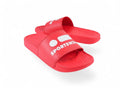 Robfrank.com red sports slides with white logo on the strap, featuring a textured footbed for beach and pool wear.