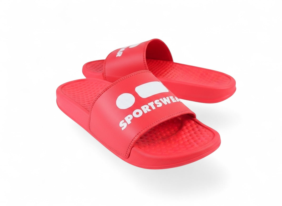 Robfrank.com red sports slides with white logo on the strap, featuring a textured footbed for beach and pool wear.