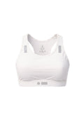 Robfrank.com white racerback sports bra with moisture-wicking stretch fabric and reflective detailing.