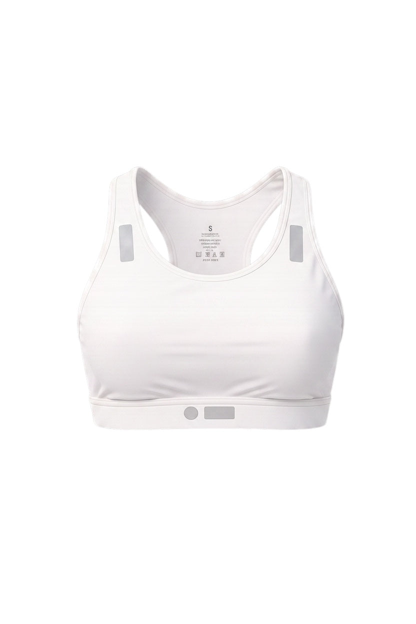 Robfrank.com white racerback sports bra with moisture-wicking stretch fabric and reflective detailing.